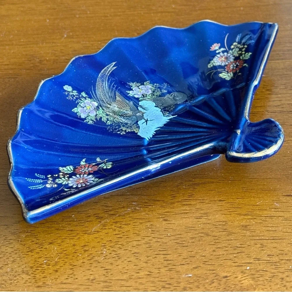 Vintage Kutani Japan Cobalt Blue Floral Pheasant Porcelain Fan Trinket Dish - Picture 6 of 9